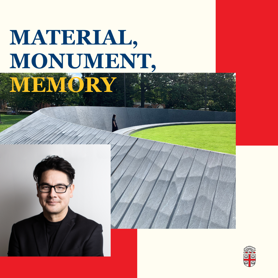 a collage advertizing the lecture titled material, monument, memory