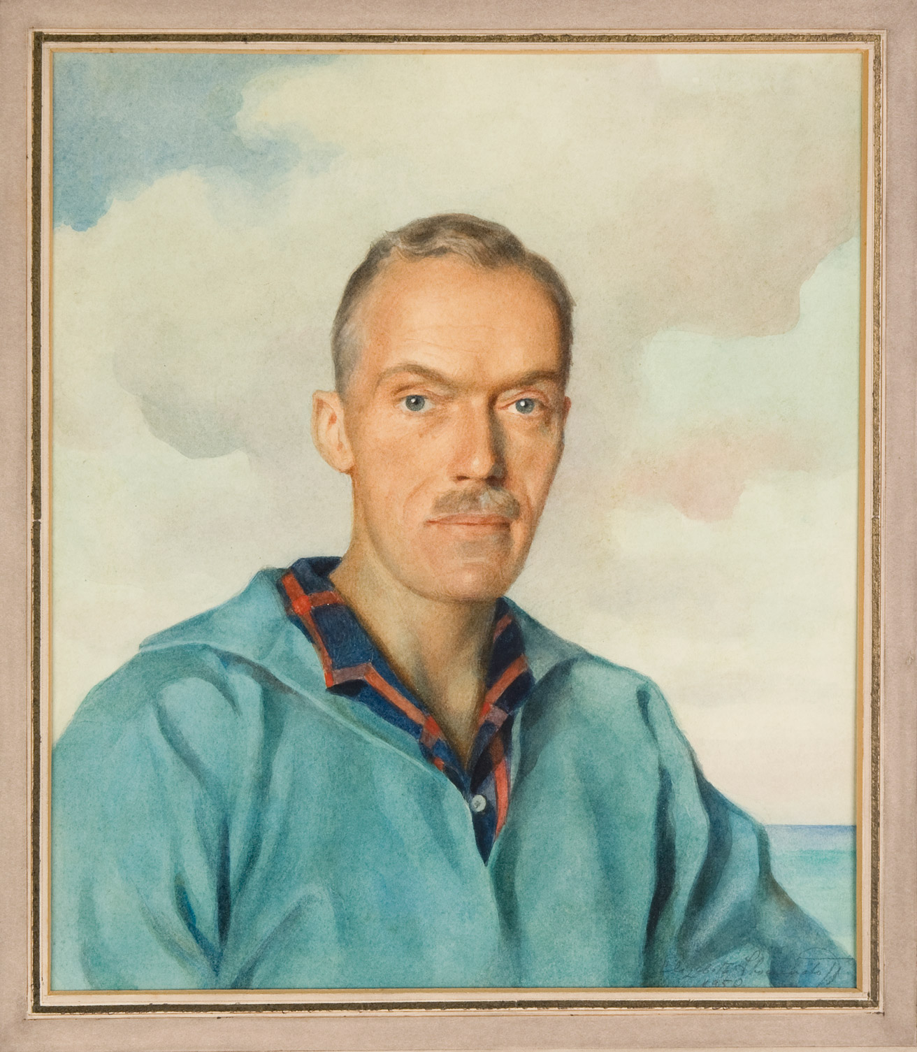 oil portrait of an adult in a blue shirt in front of a blue sky and ocean horizon