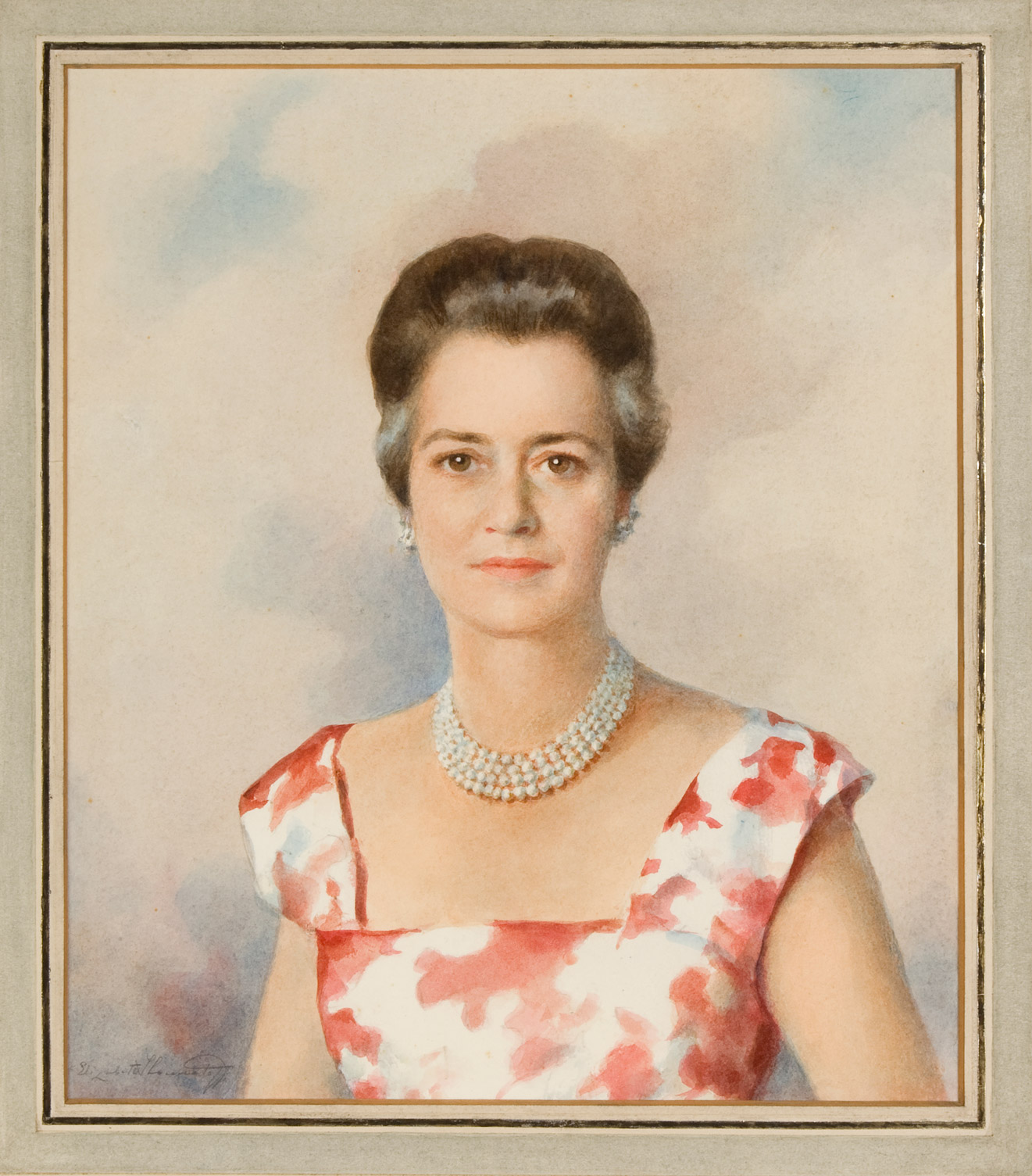 oil painting of head and shoulders figure of a woman in flowered dress and pearls