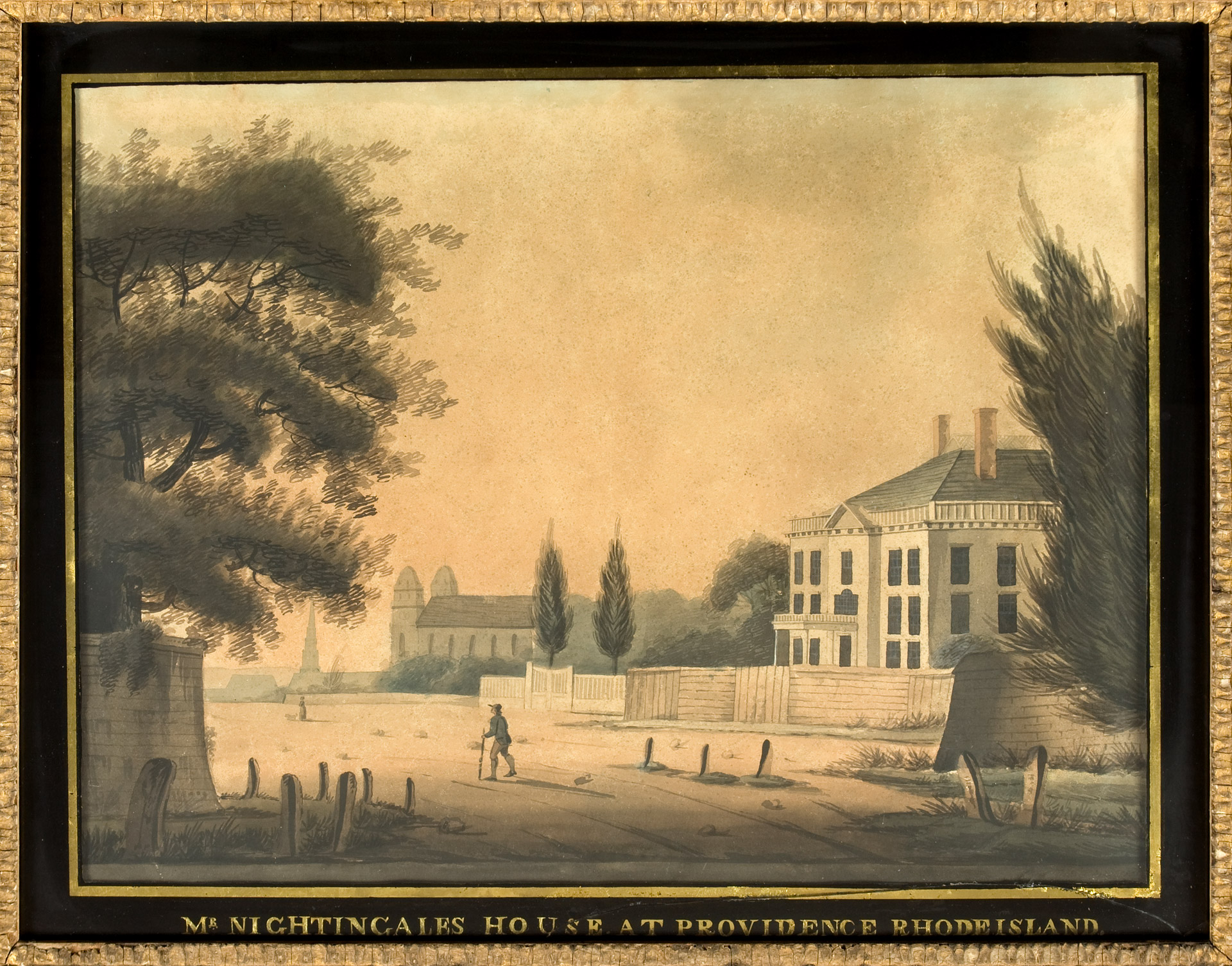 old sepia illustration of a victorian manor and a dirt road with sparse buildings in the background