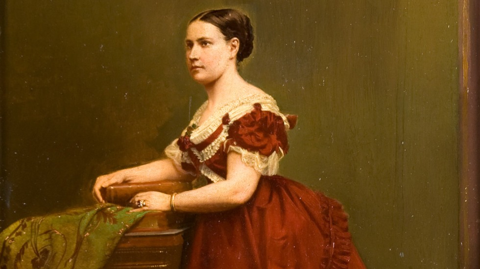 oil on canvas of a dark haired figure in a long over-shoulder red dress