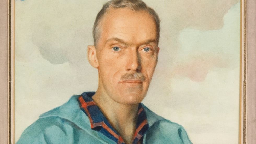 oil on canvas portrait of an adult in a blue shirt with cloudy sky in the background