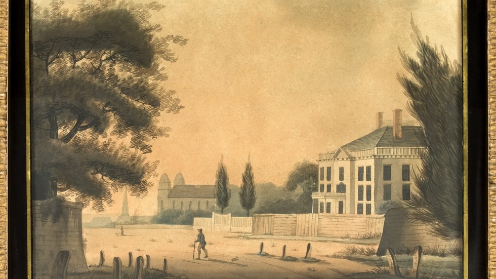 vintage sepia toned painting of the exterior of an old victorian manor and estate