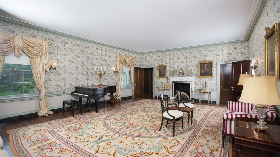 corner view of a large, pastel room with light green walls and large rug