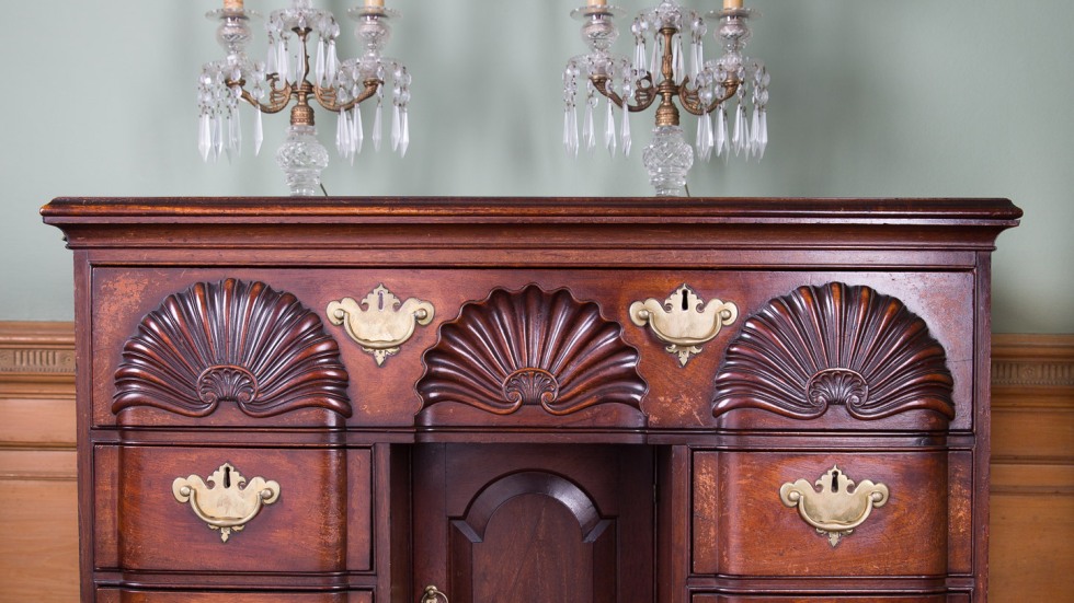 large antique wooden credenza with brass drawer pulls